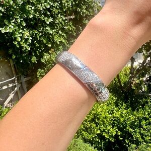 Silver cuff crystal-studded bracelet with pattern - sparkly and beautiful - used